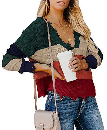 Womens Ripped Cropped Sweaters V Neck Long Sleeve Distressed Loose Knitted Pullover Jumper Top Green