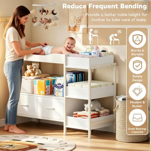 Image of Baby Changing Table with Storage,Heavy-Duty Diaper Changing Station, White Nursery Dresser Organizer with 2 Large Fabric Baby Drawers, 3 Diaper Caddy Bin & Wood Shelf, Kids & Baby Bedroom Furniture