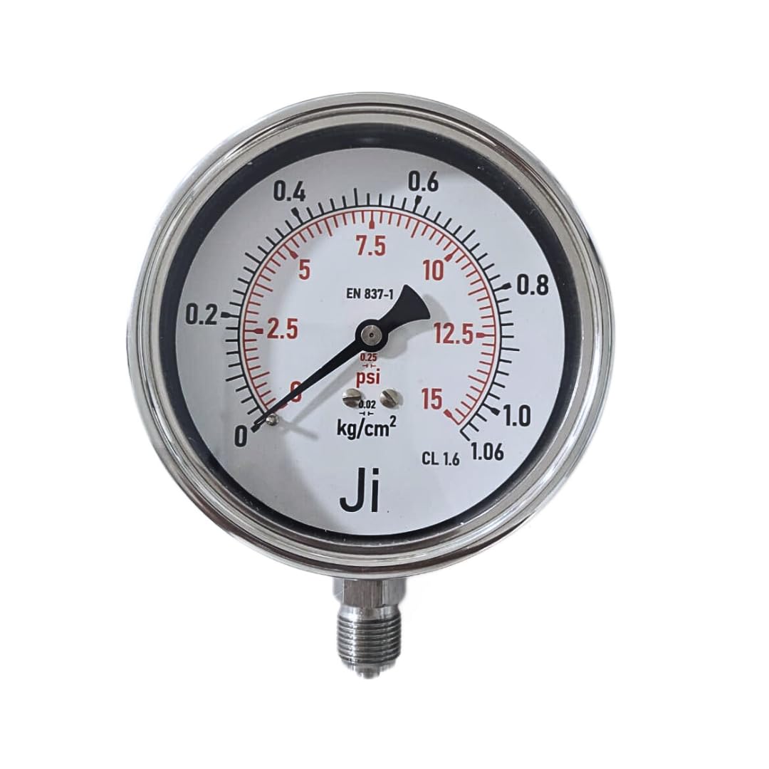 "Ji" Japsin Instrumentation Economical Pressure Gauge, 4" Dial, Range 0 to 1.06 Kg/Cm2 With Dual Scale of 15 PSI, Direct Bottom Entry, 3/8" BSP (M) Connection, SS Case & SS Wetted Parts-image-7