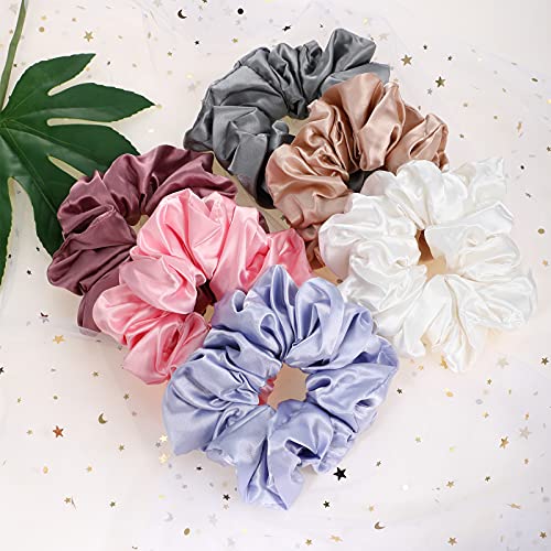 Image of Chuangdi 6 Pieces Big Satin Scrunchies for Women, Jumbo Silk Scrunchies Thick Elastic Jumbo Hair Tie Galentine Valentine's Day Gifts(Champagne, White, Silver Grey, Light Pink, Bean Red, Light Blue)