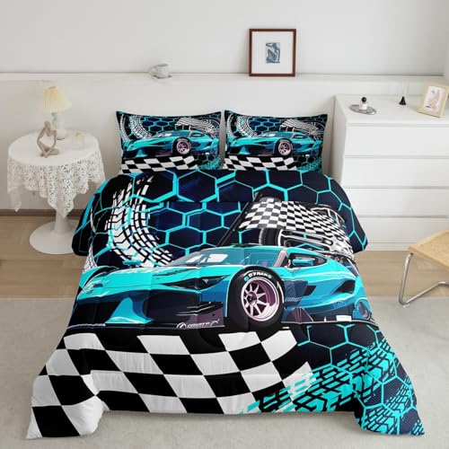 Erosebridal Honeycomb Twin Size Bedding Set, Toddler Race Car Bed for Boys Neon Lights Geometric Hexagon Sports Car Comforter Set Extreme Sport Vehicles Quilt Speed Racing Car Duvet Insert,Teal