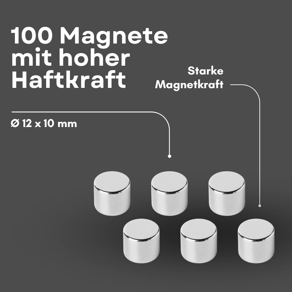 Strong Magnets Neodym Magnet - Rund 12 x 10 mm - 100 Stück - Extra stark, hält bis 5,6 kg - Für Magnettafel, Kühlschrank, Whiteboard, Pinnwand, Büro