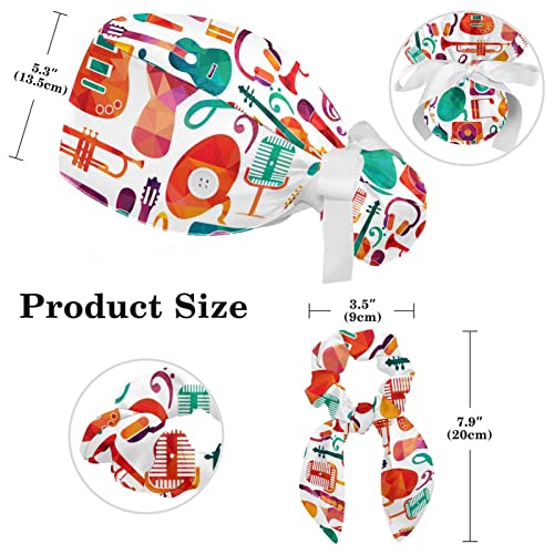 Adjustable Scrub Bouffant Caps Working Hat Hair Cover With Ponytail Pouch Surgical Nurse Cap, Musical Instrument Guitar Drum Saxophone #TOP1
