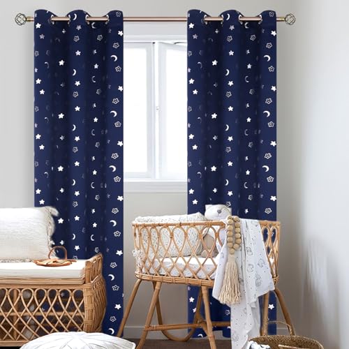 Image of BGment Kids Curtains for Bedroom 84 Inch Length 2 Panels Set, Star and Moon Blackout Curtains for Boys Room Decor, Nursery Thermal Insulated Room Darkening Curtains with Grommet, 38 Wide, Navy Blue