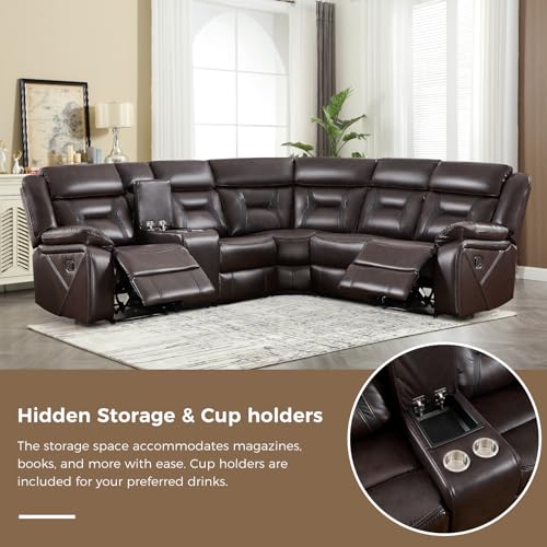 Image of EBELLO Manual Reclining Sectional Sofa for Living Room, L-Shaped Sectional Corner Reclining Sectional Couches Home Furniture Set with Center Console, Hidden Cup Holders and Storage, Dark Brown