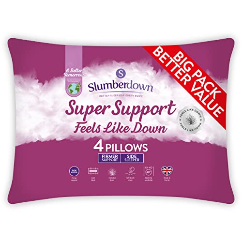 Slumberdown Feels-Like-Down Super Support Pillows 4 Pack - Firm Support Side Sleeper Pillows for Neck and Shoulder Pain Relief - Supportive, Hypoallergenic, UK Standard Size (48cm x 74cm)