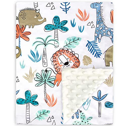 Image of BORITAR Baby Blanket with Cute Lion for Boys and Girls Super Soft Minky with Double Layer Dotted Backing, Colorful Woodland Printed 30 x 40 Inch