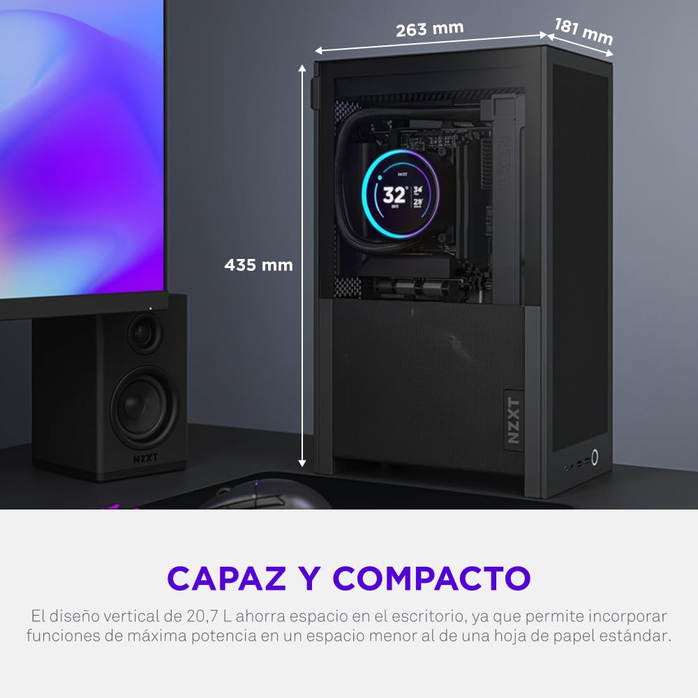 NZXT H2 Flow – Caja para PC Mini-ITX de 20,7 L con Alto Flujo de Aire – Incluye 2 Ventiladores Superiores de 120 mm y Cable Elevador PCIe 5.0 – GPU de 331 mm – Radiador de 280 mm – Negro