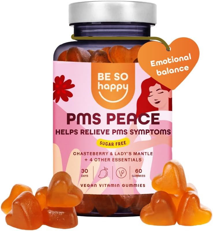 PMS Peace Gummies with Saffron and B Vitamins for Women, Vegan Formula for Premenstrual Support, 60 Gummies. BE SO HAPPY