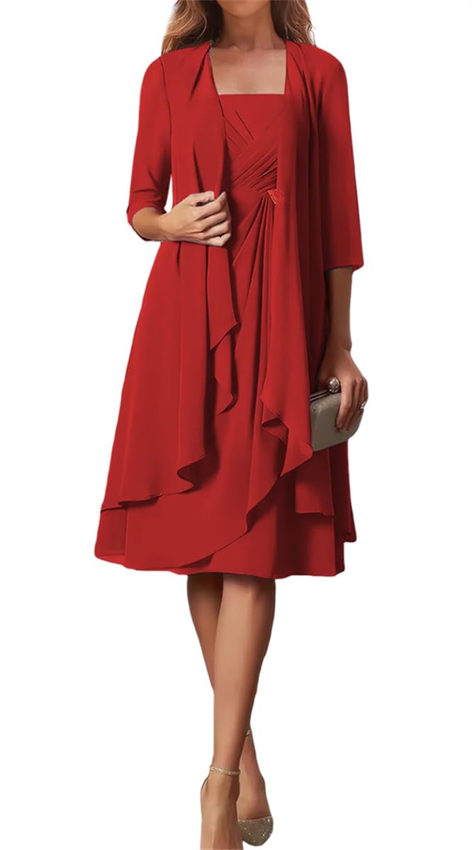 Madre dello Sposo Abiti per Matrimonio 2 Pezzi Tiered Lunghezza Al Ginocchio Chiffon Giacca Abito Formale LKK008