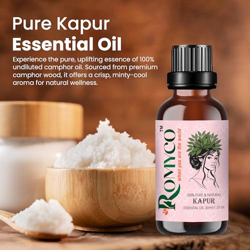 Image of Romyco Kapur Essential Oil (Camphor) for Respiratory Relief, Cough & Cold, Muscle Relaxation, Pain Relief | Natural Air Freshener | Aromatherapy Diffuser | Pure Natural Premium & Undiluted - 30ml