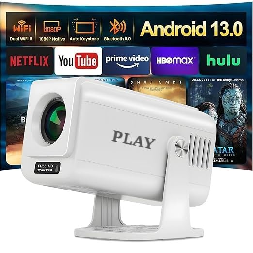 Image of PLAY New Victory AVI Native 1080P 4K Smart Projector, Android 13, Auto Focus, Keystone, High Brightness, 270 Rotation, WiFi, Bluetooth, ARC, Netflix, Prime Video, Crystal Clear Image