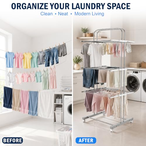 Image of JD FRESH 3 Tier Stainless Steel Clothes Drying Stand /Heavy Duty Rust Proof Laundry Rack with 360 Wheels /Foldable Cloth Hanger Stand & 24 Rods /Space Saving Cloth Dryer for Home, Balcony & Indoor Use