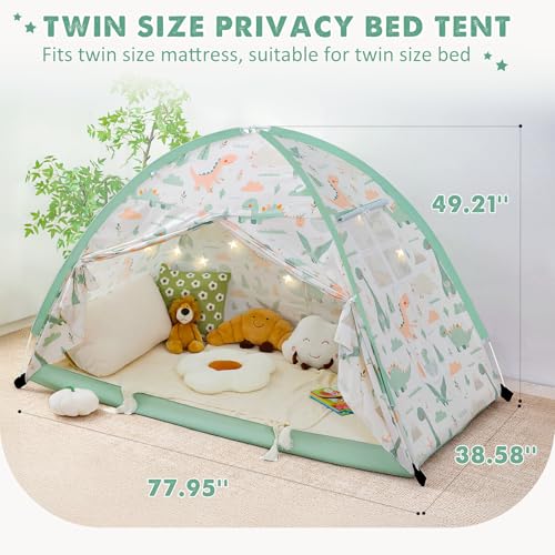 PIIKAGO Twin Bed Tent for Kids, Twin Size Bed Canopy with Star Lights, Privacy Space Blackout Sleeping Tents, Indoor Breathable Portable Bunk Bed Tent for Boys and Girls, Dinosaur - Thumbnail 3