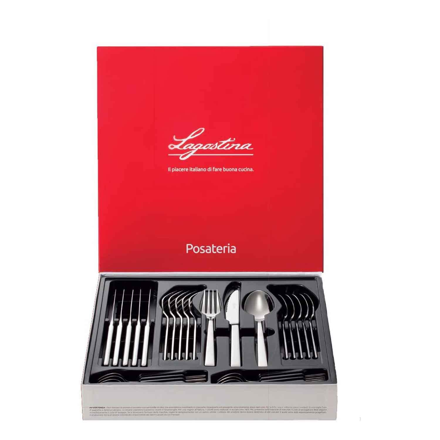 Lagostina Ambra, Set Posate per 6 Persone con 6 Forchette Tavola, 6 Coltelli Bistecca, 6 Cucchiai Tavola, 6 Cucchiaini Caffè, Set Posate in Acciaio Inox 18/10 con Finitura Lucida a Specchio
