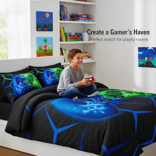 Image of ZRNBAST Blue Green Gamer Comforter Set Queen Size Boys Gaming Bed in a Bag