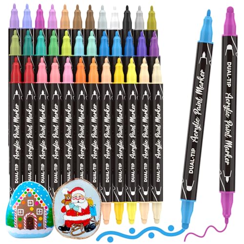 ANYUKE 36 Colors Acrylic Paint Markers, Dual Markers For Rock, Suitable For Stone, Wood, Glass, Ceramics, Plastic, Eggs, Pumpkins, Christmas crafts, Polka Dot and Fine Tip Acrylic Paint
