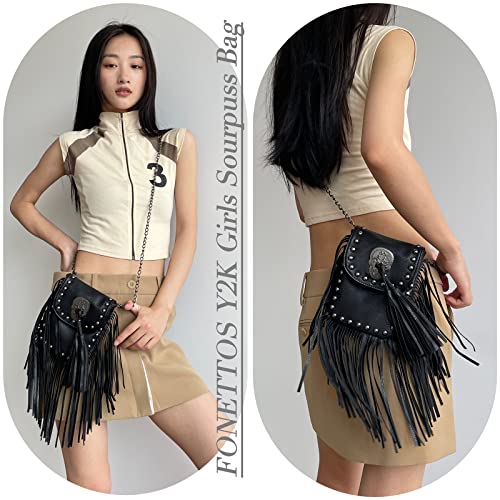 Y2K Punk Fringe Bag Novelty Tassel Gothic Western Crossbody Purse Women Sourpuss Shoulder Rockstar Halloween2