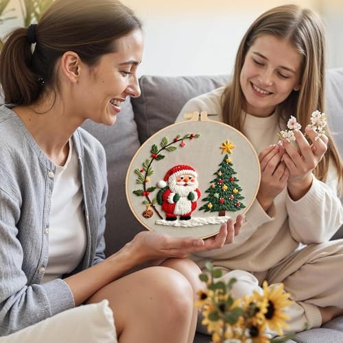 Image of LB Red Christmas Embroidery Kit for Beginners Adults, 3 Sets Hand Embroidery Starter Kit with Santa Pattern and Instructions Stamped Cross Stitch Kits Include Embroidery Hoop Needles Threads Scissors