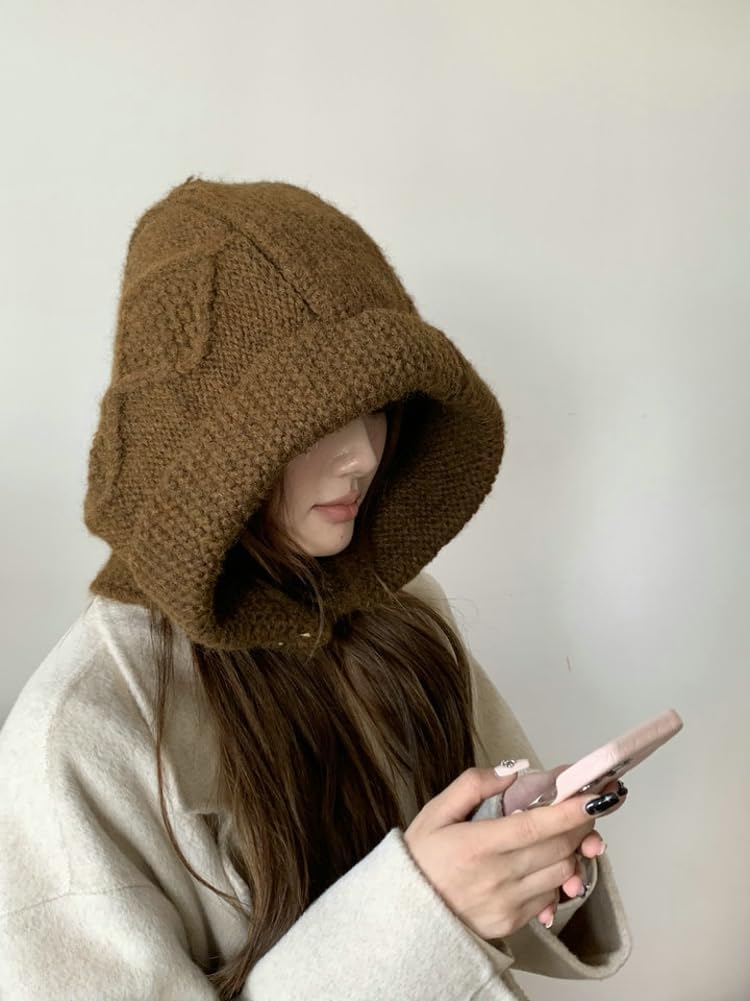 Solyinne Scarf for Women Oversized Wool Knit Balaclava Hat Chunky Cable Knit Scarfs Hooded Horn Buttons Winter Pullover Hats - Image 3