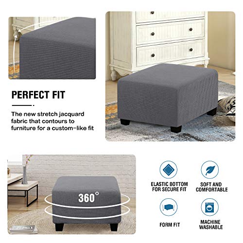 Image of H.VERSAILTEX Square Ottoman Covers Ottoman Slipcovers Folding Storage Stool Furniture Protector Form Fit with Elastic Bottom, Stretch High Spandex Small Checks Jacquard Fabric(Medium,Grey)