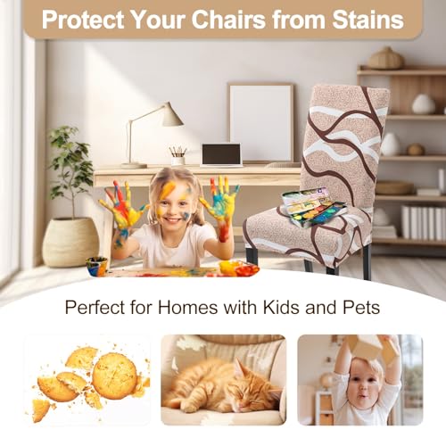 Image of SearchI Dining Room Chair Covers Set of 4, Stretch Printed Parsons Chair Slipcovers Super Fit Spandex Removable Washable Kitchen Chair Protector Cover for Dining Room, Hotel, Ceremony (Khaki)