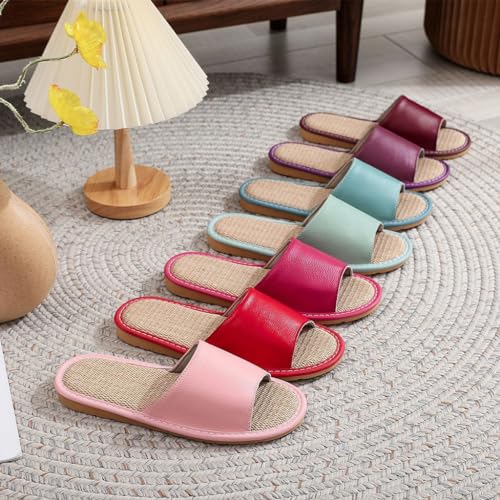GHYUBYER Linen Slippers for Women Indoor,Men's Breathable Flat Sandals Leather Slippers Indoor Outdoor(Color:Brown,Size:41/42 EU)2