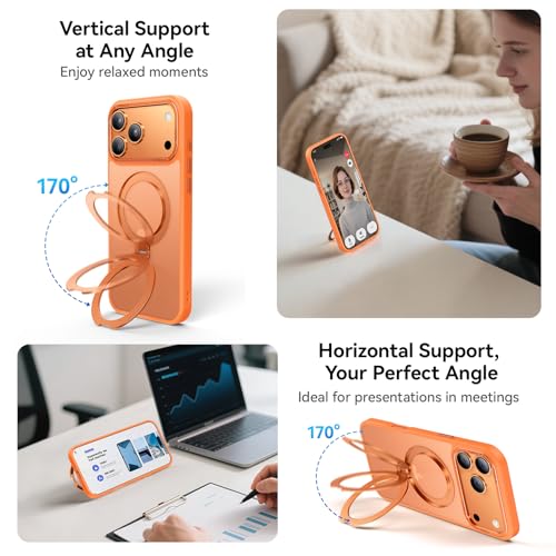 Image of 360 Spin Magnetic Stand for iPhone 17 Pro Max Case, Fit for MagSafe, Mil-STD Protective Case for iPhone 17 Pro Max Phone Case with Kickstand Rotatable 6.9 inch, Orange