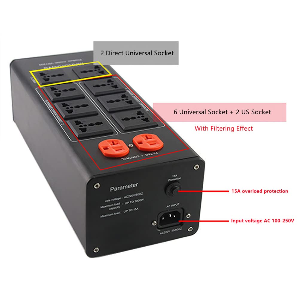 AC 100-240 V Audio Power Purifier głośnik Power Filtr zakłócenia rezystorne gniazda redukcyjne szumy Power Boards 15 A 3000 W (wskaźnik napięcia/prądu, czarny)