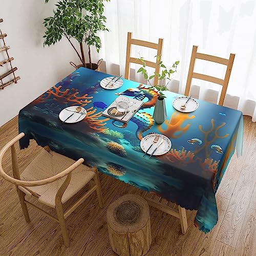 PHAYAH Mantel de cocina con estampado de caballito de mar de coral de fondo marino, lavable, borde de encaje, tapete para fiestas, cenas, bodas, decoración del hogar