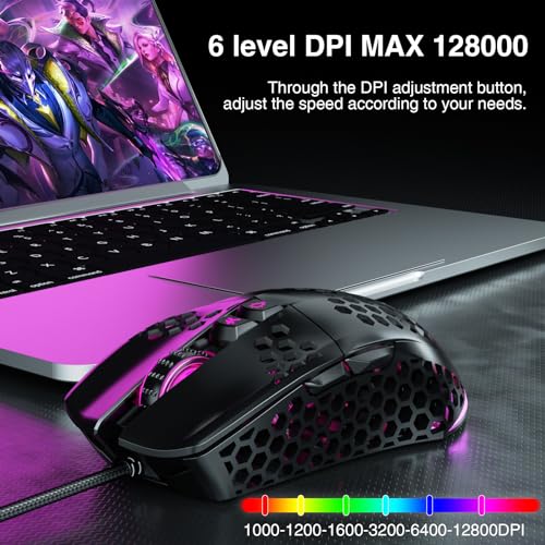 Wired Gaming Mouse with RGB, 12800 DPI, 7 Programmable Buttons - Lightweight and Ergonomic for Windows/PC/Mac/Laptop Gamer