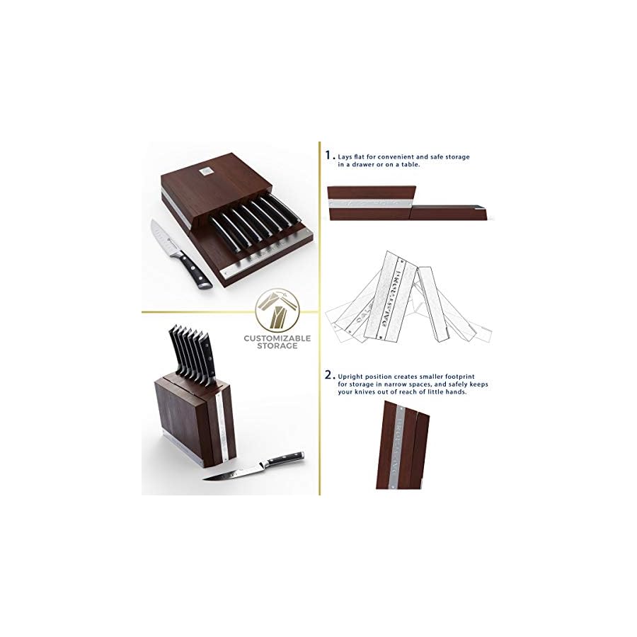 DALSTRONG-Steak-Knife-Folding-Block-Set-8-Pc-5-Straight-Edge-Blade-Gladiator-Series-Forged-German-ThyssenKrupp-HC-Steel-Modular-Storage-Block-Black-G10-Handle-NSF-Certified Dalstrong Steak Knife Set - 8 Piece - 5 inch Straight Edge Blade - Gladiator Series Elite - Forged High-Carbon German Steel Dinner Kitchen Knife - Black G10 Handle - Folding Block Set - NSF Certified