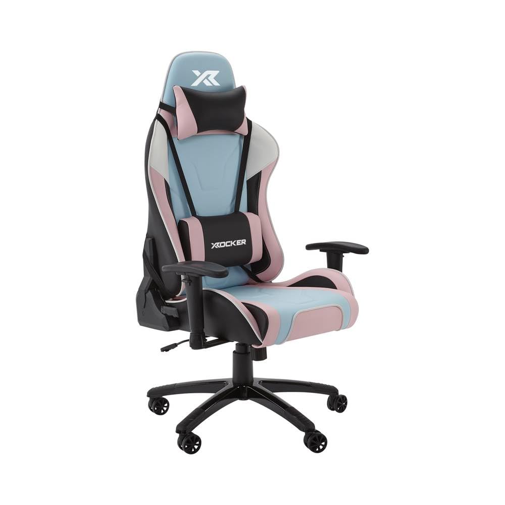 X-Rocker Agility Sport High Back eSports Gaming Chair for Adults & Teens - 3D Armrests, Head & Lumbar Cushion, Height Adjustable Recliner, Wipe-Clean Faux Leather - Blue/Pink/White