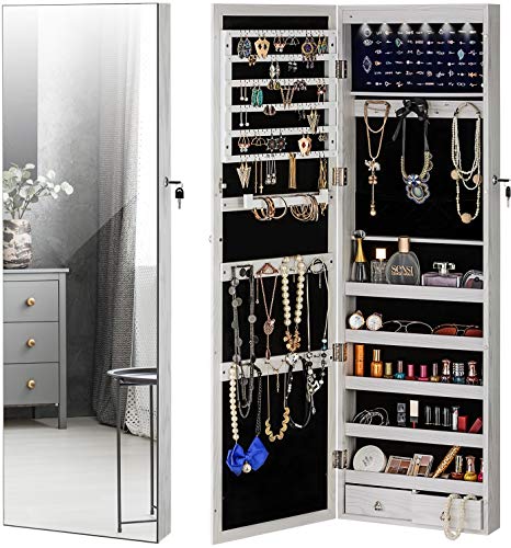 YOKUKINA Jewelry Mirror Armoire Cabinet, Large Storage Organizer w/LED Light, Door-Hanging/Wall-Mounted Lockable, White