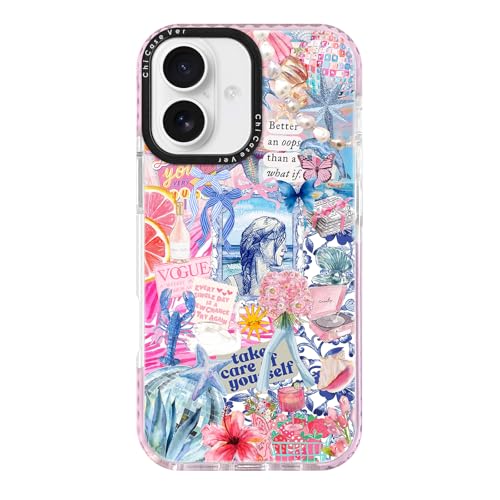 ChiCaseVer for iPhone 17 Case, Blue Coastal Collage Pattern with Romantic Quote, Military-Grade Drop Protection, Seaside Daydream Soft Slim TPU Protective Cover with Camera Control for Women Girls