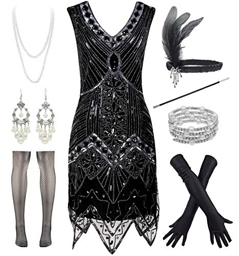 Women 1920s Short Prom Dresses V Neck Sequins Cocktail Flapper Plus Dress 20s Accessories Set