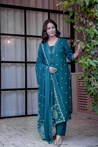 Image of PARTHVI Women's Pure Cotton Printed Straight Kurta Set with Palazzo Pants & Dupatta- Ethnic Wear, Red