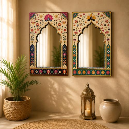 Image of American Elm Pack of 2 Jharokha Mirror Wall Decor for Home Decor Living Room and Entryway Mughal Floral Arch Acrylic Mirror Wall Hanging Ready to Hang
