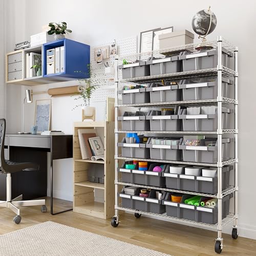 Image of 7-Tier NSF 16-Bin Steel Wire Shelving Rack, 36 inchW x 14 inchD x 56 inchH, Gray | 16 slide-out bins with tilt-lock design keep supplies organized and accessible