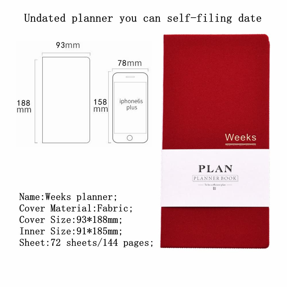 Agenda settimanale tascabile non datata, agenda annuale, mese, settimanale, formato A6, agenda senza data, colore: rosso