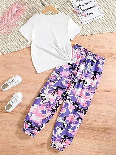 Image of OYOANGLE Girl's 2 Piece Outfits Cartoon Short Sleeve Shirt and Cargo Pants Set White Graphic 10Y
