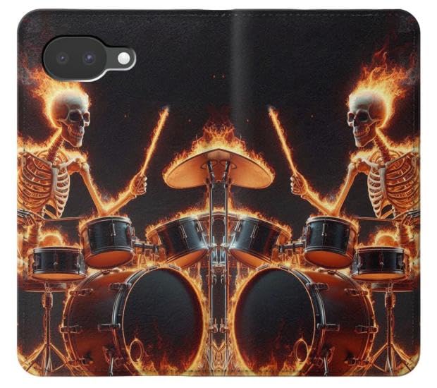 Housse cuir Google Pixel 10a Fire Skull Drummer étui flip noir