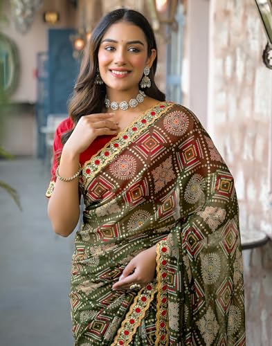 Image of SIRIL Women's Georgette Bandhani Printed Saree with Unstitched Blouse Piece