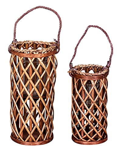 levandeo Lot de 2 lanternes photophores H40 cm H31 cm Cuivre Marron Bois Lanterne en osier Tressé Insert en verre Bougeoir Décoration de jardin
