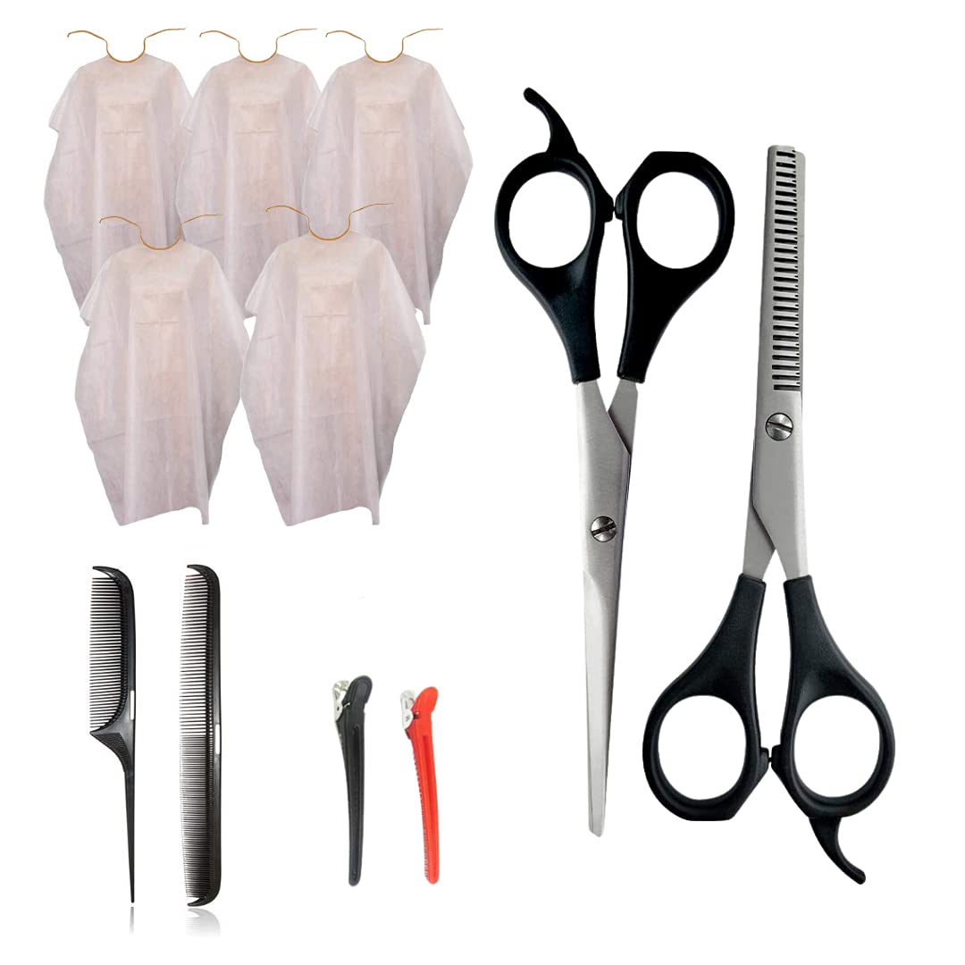 Doberyl Beginners Hair Cutting Scissors Kits, Hairdressing Scissors Kit, Stainless Steel Thinning Scissors, Disposable Hair cut cape/apron, Hair clips, Combs, Salon Barber Professional Hair Trimming Set-image-44