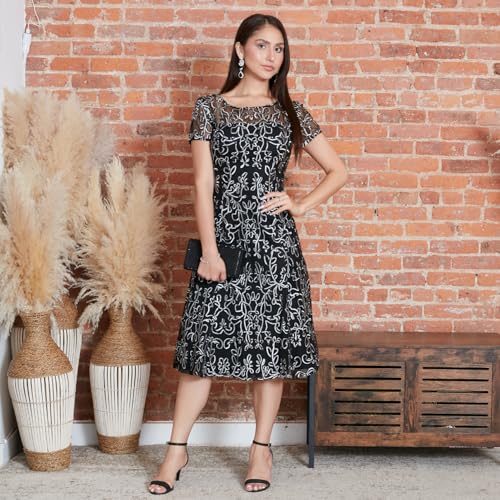 Image of S.L. Fashions Womens Stretch V-Neck Tea Length Dress