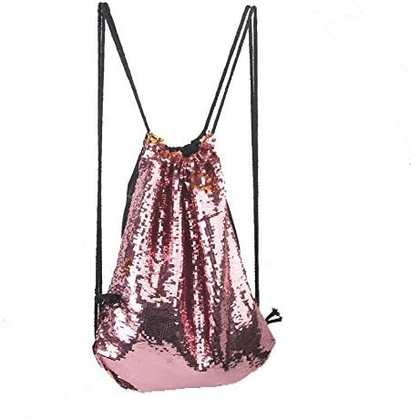 Xy Litol Sports Drawstring Backpack Bag, Large Mermaid Sequin Reversible Glitter Draw String Gym Basketball Sack for Girls Outdoor Party Pink Gold