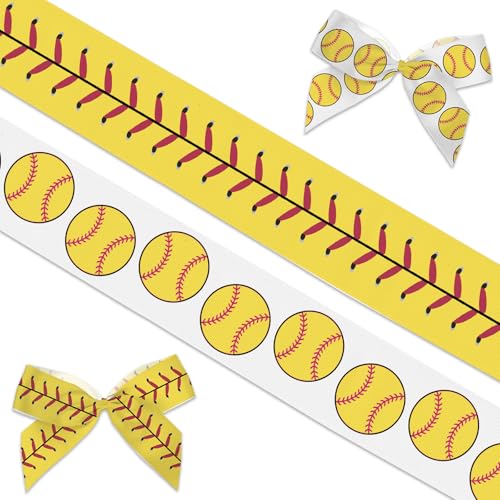 2 PCS Baseball Ribbons for Crafting 4/5 Width Yellow Grosgrain Ribbons Sports Balls Ribbon Softball Craft Ribbons for Gift Wrapping DIY Sports Birthday Decorations