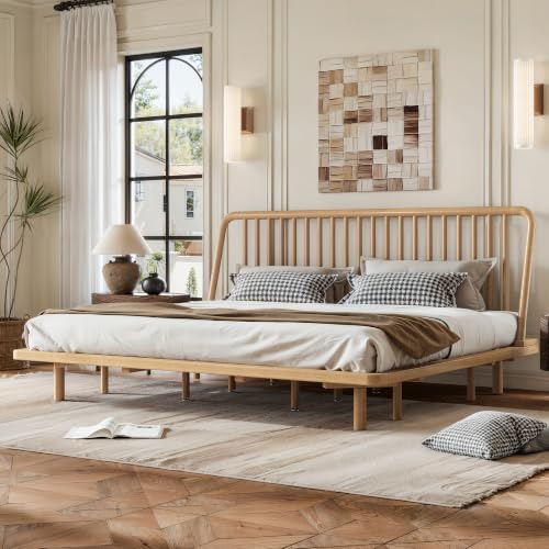 Image of Bellemave King Size Bamboo Bed Frame with Slatted Slanted Headboard,Natural