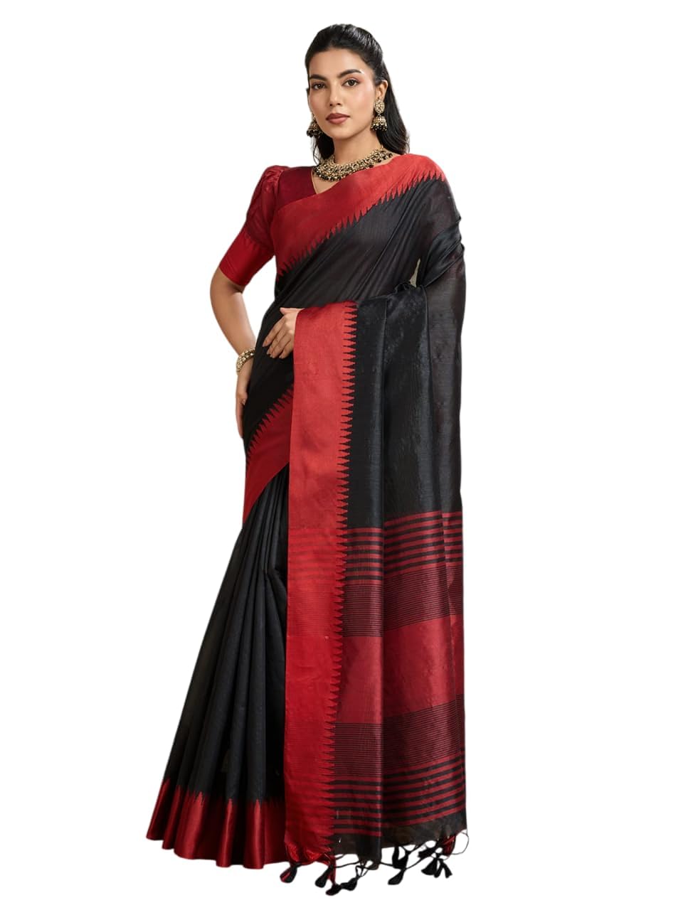 Damen Baumwoll-Seide Ethnischer Sari mit Zari-Arbeit und ungesäumtem Blusenteil (amaya-black-re), Schwarz , One size